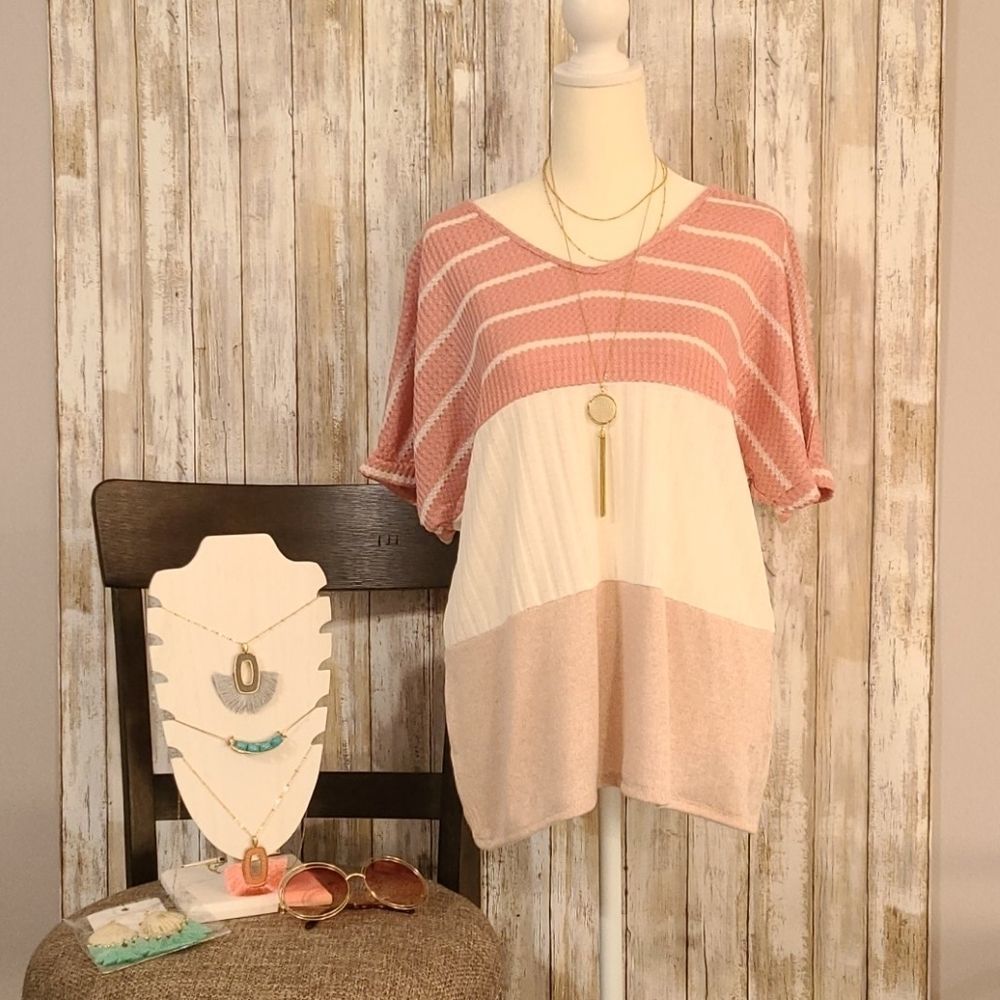 Blush Ivory & Taupe waffle blouse